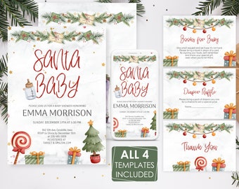 May include: Four printable templates for a Santa Baby themed baby shower. The templates include a baby shower invitation, a diaper raffle card, a book request card, and a thank you card. Each card features a watercolor illustration of a Christmas tree, presents, candy canes, and ornaments.