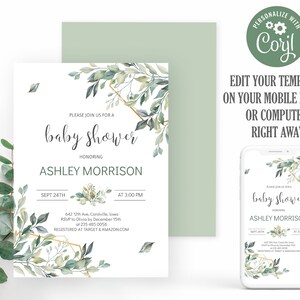 Greenery baby Shower invitation. Floral Baby Shower Invitation Template. Baby shower greenery. Botanical baby shower invitation. Editable.
