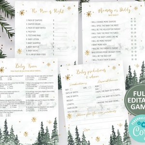 Bewerkbare bundel met winterbabyshowers. Baby, het is koud buiten babyshowerspelletjes. Dennenboom babyshower spelletjes. Direct downloaden. WT