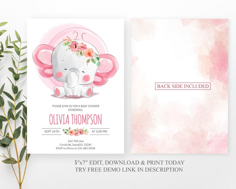 Elephant Baby Shower Invitation. Elephant Baby Shower. Pink Etsy