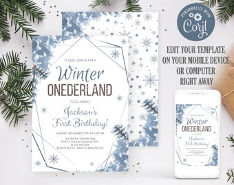 May include: A printable invitation for a Winter Wonderland themed first birthday party. The invitation features a geometric frame with a watercolour background of blue pine branches and snowflakes. The text reads "Please join us for a Winter ONEDERLAND to celebrate Jackson's First Birthday!"