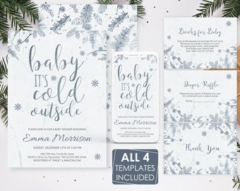 Può includere: Un set di quattro modelli di baby shower stampabili con un tema invernale. I modelli presentano un motivo a fiocco di neve blu e bianco con il testo "baby it's cold outside". I modelli includono un invito a una baby shower, una scheda di lotteria per pannolini, una scheda di libro per bambini e una scheda di ringraziamento.