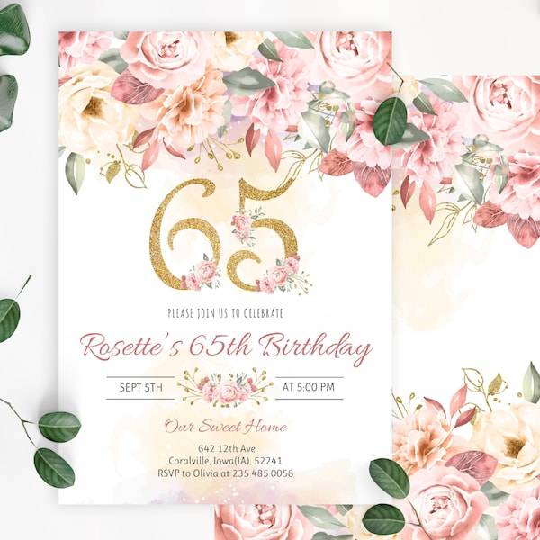 65th Birthday Invitation. Floral Birthday Invitation. Blush Pink Women Birthday Invitation. Gold and Pink Adult Birthday Invitation. 0019