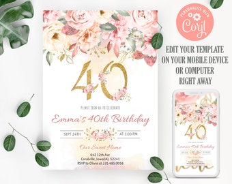 Sjabloon uitnodiging 40e verjaardag: boho bloemen, roségoud (doe-het-zelf)