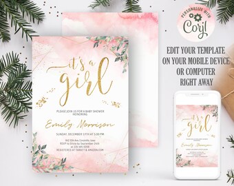 Blush Pink Floral Baby Shower Invitation: Editable Girl Invite (Digital Download)