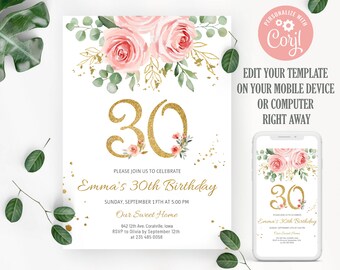 Floral 30th Birthday Invitation: Blush Pink & Gold (Editable Template)