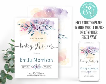 Floral baby shower invitation template.  Purple baby shower invitation. Digital download.