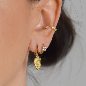 earrings with leaf pendant * small earrings silver * Gold CZ Hoop * Sterling silver 925 * dainty huggie hoop silver * delicate hoop Earring