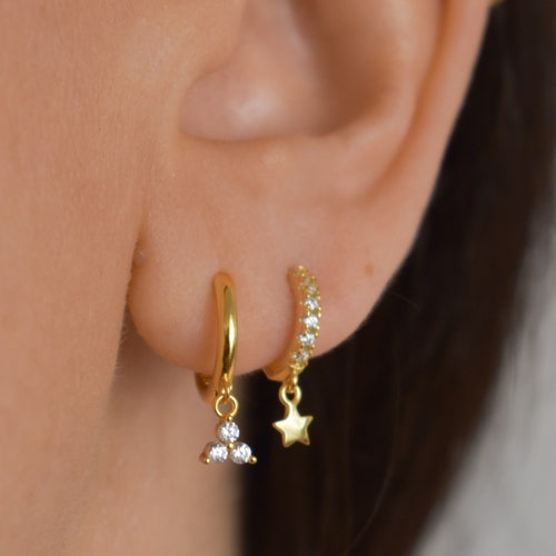 Hoop With CZ Pendant Tiny Earrings Gold CZ Hoop Charm Etsy