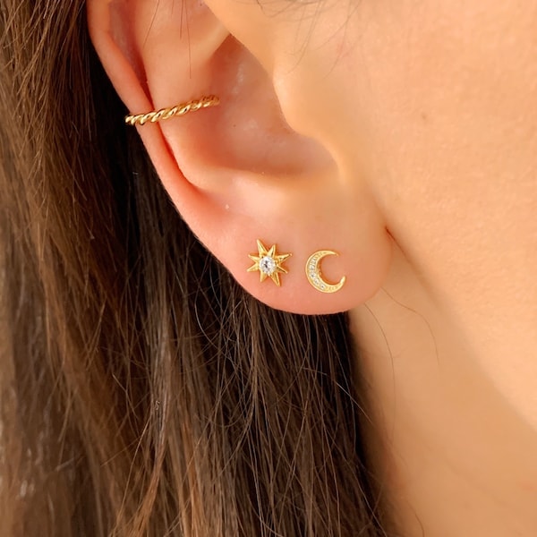 Tiny moon zirconia earrings * tiny earrings * small earrings * gold earrings * minimalist * moon earring * delicate studs * tiny stud silver