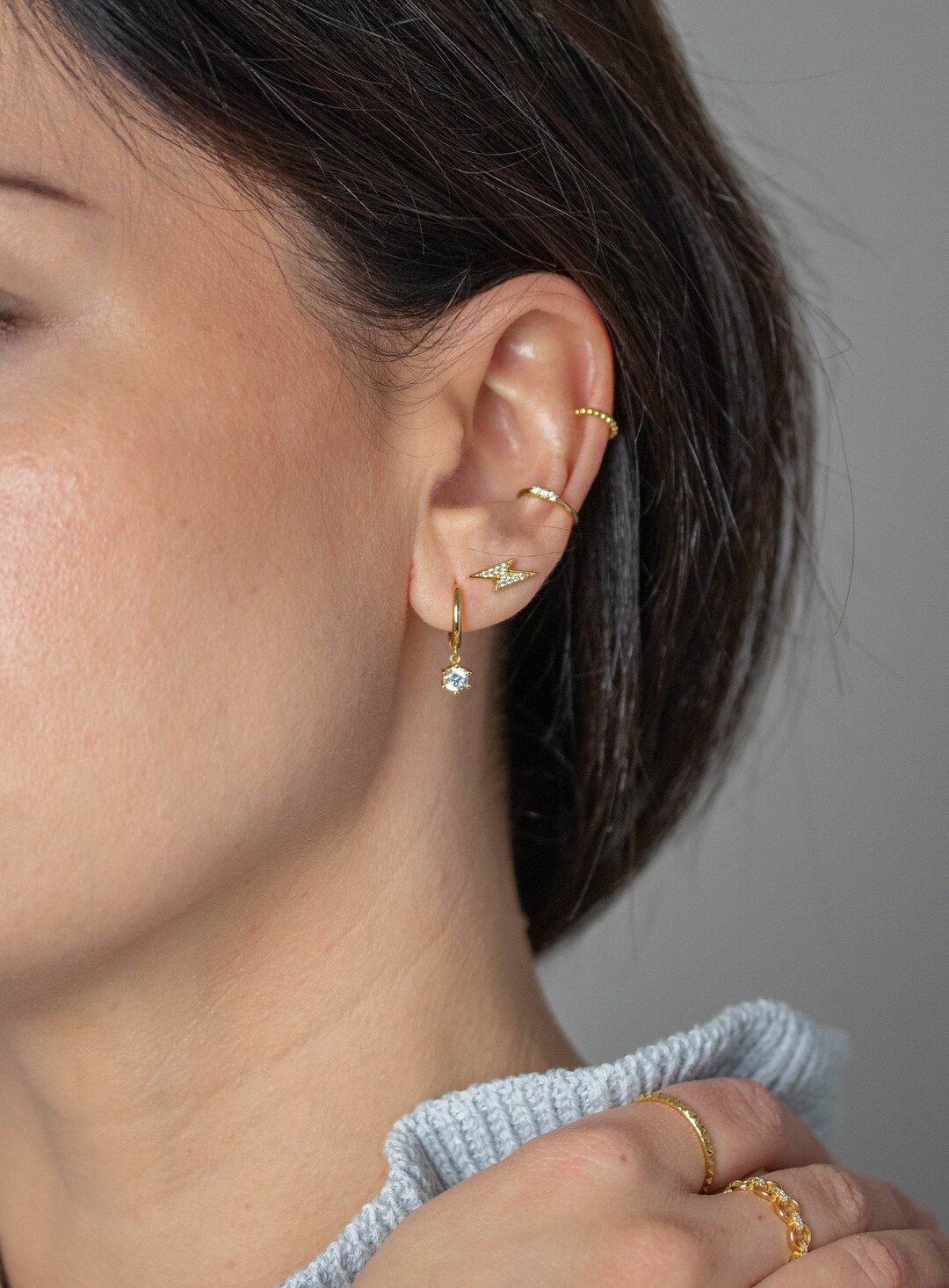 Hoop With CZ Pendant Tiny Earrings Gold CZ Hoop Charm Sterling Silver ...