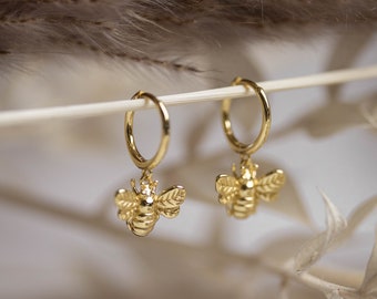 earrings with bee pendant * delicate bee earring * small gold hoop * sterling silver 925 * bee jewelry silver * dainty bee earrings silver