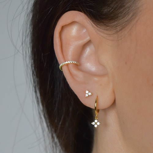 Hoop With CZ Pendant Tiny Earrings Gold CZ Hoop Charm Etsy