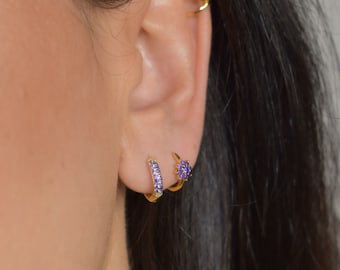Petite hoop lilac CZ * petite hoop with purple stones * purple CZ earring * small hoop gold * purple cubic zirconia * mini hoop gold