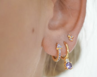 Delicate Hoops Lilac CZ * dainty Earring Purple Zirconia Stones * Gold Earrings with Lilac * Sterling Silver Hoop * Small huggie hoop Lilac