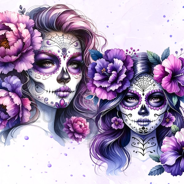 La Catrina Purple 22 Images PNG Day Of The Dead Clipart Transparent Background Commercial Use