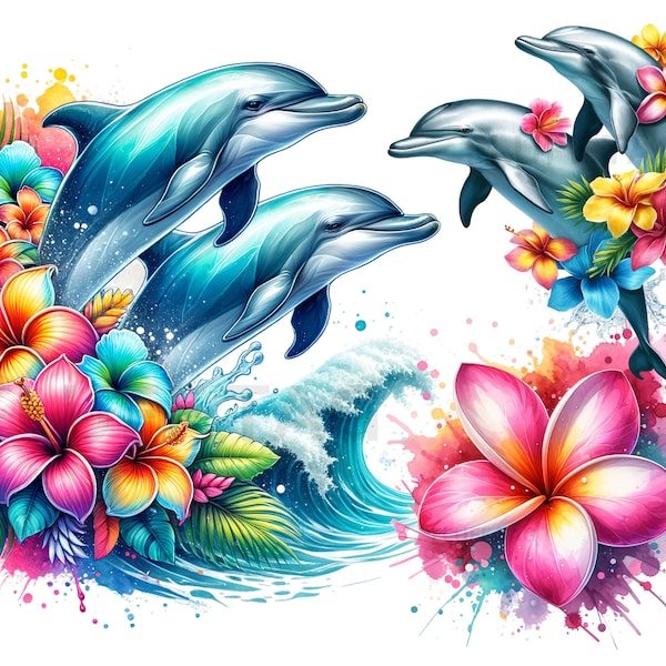 30 PNG-Bilder Delfine und tropische Blumen Clipart auf transparentem Hintergrund
