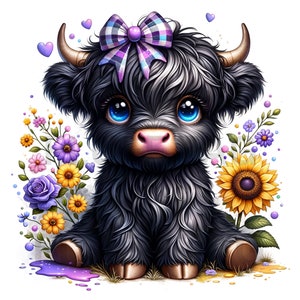 12 PNG Images Black Floral Highland Cows Transparent Background Commercial Use