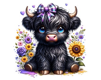 12 Images PNG Vaches Highland Florales Noires Sur Fond Transparent Usage Commercial