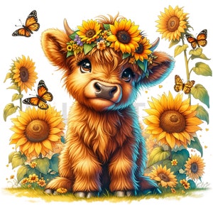 19 PNG Images Highland Cow Sunflowers Clipart Transparent Background Commercial Use