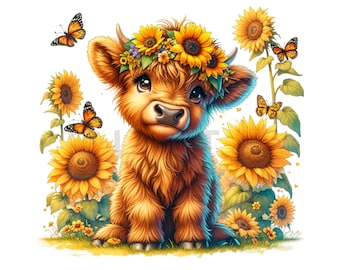 19 PNG Images Highland Cow Sunflowers Clipart Transparent Background Commercial Use