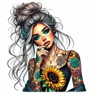 Tätowierte Mädchen mit Sonnenblumen 6 Png-Bilder transparenten Hintergrund Clipart