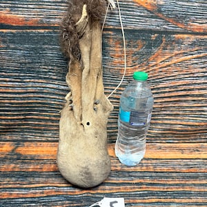 May include: A tan leather pouch with a dark brown fur top and a drawstring. A clear plastic water bottle with a green cap is next to the pouch. A white tag with the number 5 is attached to the pouch.