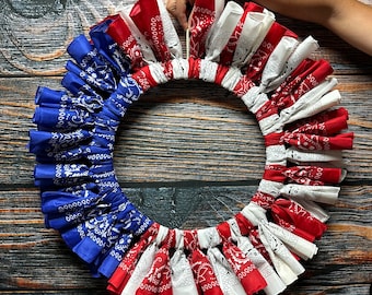 Patriotic Bandanna Wreath Independence Day Freedom American 30 inch Wall hanging Decoration display honor patriot service Flag Red White Blu