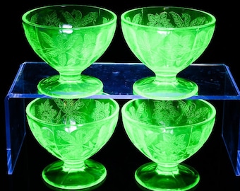 Priced PER PIECE fine c1930s Vaseline Uranium Glass Jeanette Poinsettia l Sherbet Glasses Dessert Ice Cream Cups | They GLOW Bright!