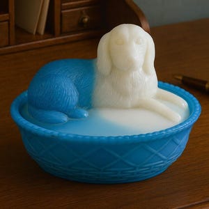 Fine Vintage Westmoreland Dog on Nest Figural White & Blue Slag