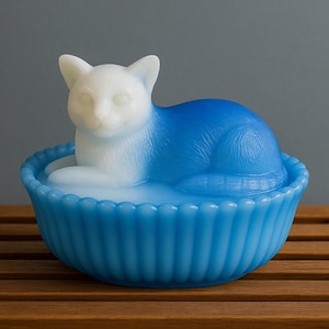 Fine Vintage Westmoreland Cat on Nest Figural White & Blue Slag