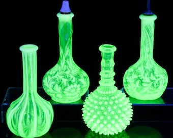 YOUR CHOICE | 4 Fenton Canary Yellow Fenton Vaseline Uranium Glass Barber Bottles | Fern & Daisy | Hobnail | Opalescent Priced Per Bottle