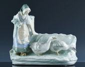 Superb Large c1920 Amphora Czech Porcelain Dutch Shepherdess Maiden Geese Figural Centerpiece Planter Pot Vase