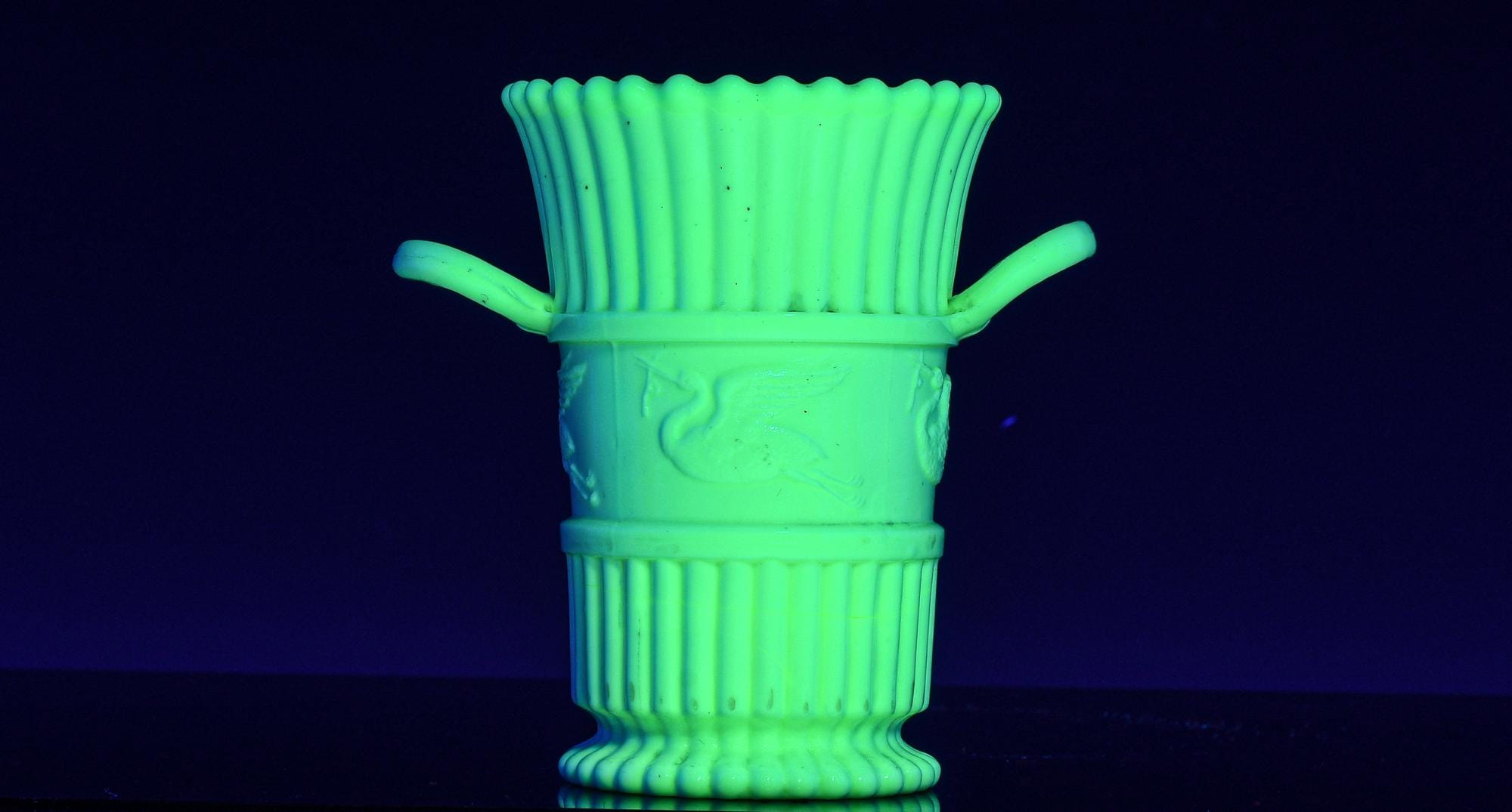 Great Antique Sowerby English Stork Figural Embossed Uranium Vaseline Glass Toothpick Match Striker Holder Vase Bowl Dish | Glows Bright