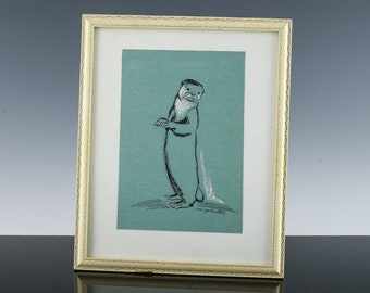 Great 1970's or 80's MCM Original Charcoal Drawing Gauche Painting of an Otter ~ Signed M Johnston