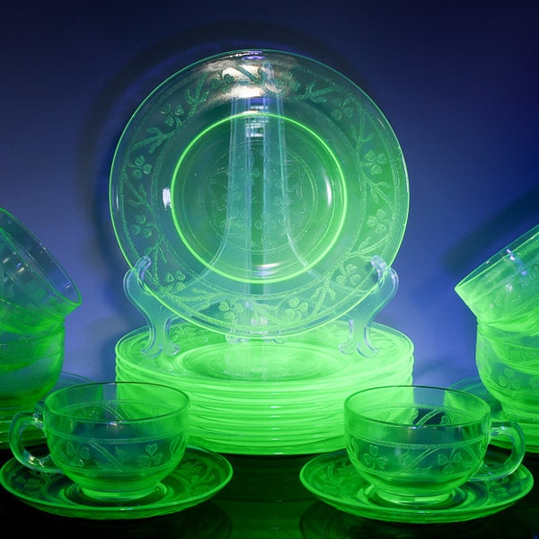 Your Choice | Vintage Hazel Atlas Cloverleaf Shamrock Green Vaseline Uranium Glass Dishes Teacups Saucer Plates | So Much Per Piece | GLOWS!