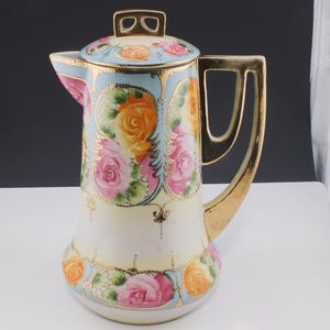c1930 Art Deco Nippon Japan Hand Painted Enamel Flowers Porcelain Coffee Hot Chocolate Pot ~ Bold Deco Period Designs - Perfect for Tea too