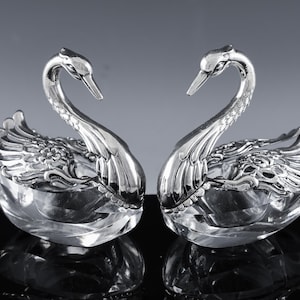 Pair Of Stunning 925 German Sterling Silver & Cut Glass Swan Figural Salt Cellar Bowls | Super Detailed Head and Feathers | Fully Marked