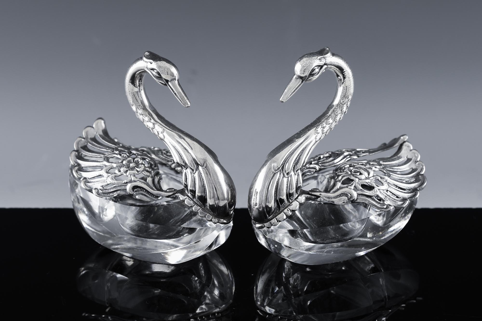 Pair Of Stunning 925 German Sterling Silver & Cut Glass Swan Figural Salt Cellar Bowls | Super Detailed Head and Feathers | Fully Marked