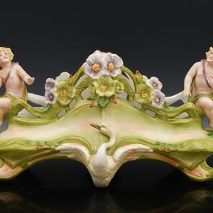 Stunning Antique Art Nouveau German Cherubs Swan & Floral Figural Jardinière Planter Bowl Vase | Ornate Porcelain and All Hand Painted!