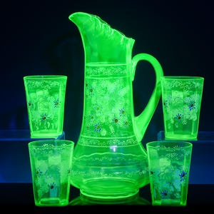 Superb 5pc Antique Victorian Hand Painted Enamel Green Vaseline Uranium Glass Water Jug Pitcher w 4 Cups | Fine Designs | GLOWS Bright