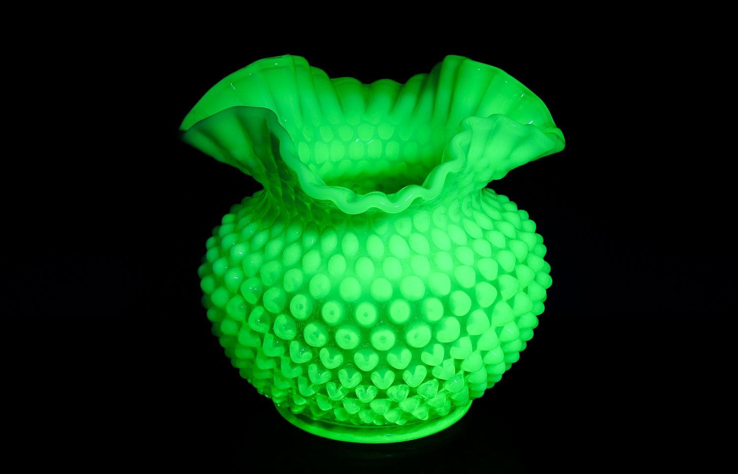Rare Larger Antique Fenton Hobnail Emerald Green & White Opalescent Vaseline Uranium Glass Vase | Bright Glows | Rare Piece | Larger Example