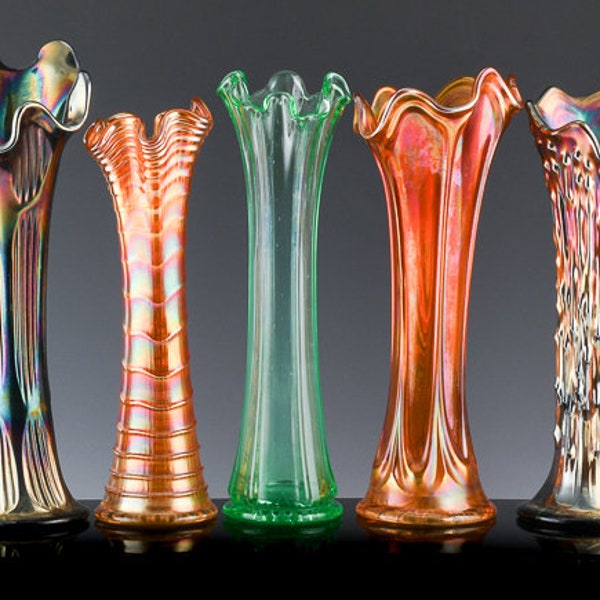 Estate Fresh Collection Carnival and Uranium Glass Swung Vases ~ Ribbed Tree Trunk Northwood - Your Choice