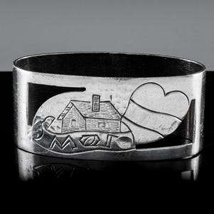 Pretty Vintage Landscape Scenic Figural Continental Solid Silver Napkin Ring | With Interesting MOS Monogram