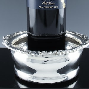 Top Quality English Silver Plate On Copper & Hand Carved Wood Wine Bottle Coaster Slide ~ Georgian Embossed Design w Lion Armorial