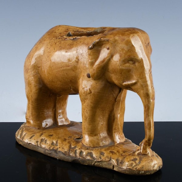 Wonderful Antique Yellow ware Pottery Elephant Figural Piggy or Penny Bank.  Perfect for any Folk Art, Country or Primitives collection.