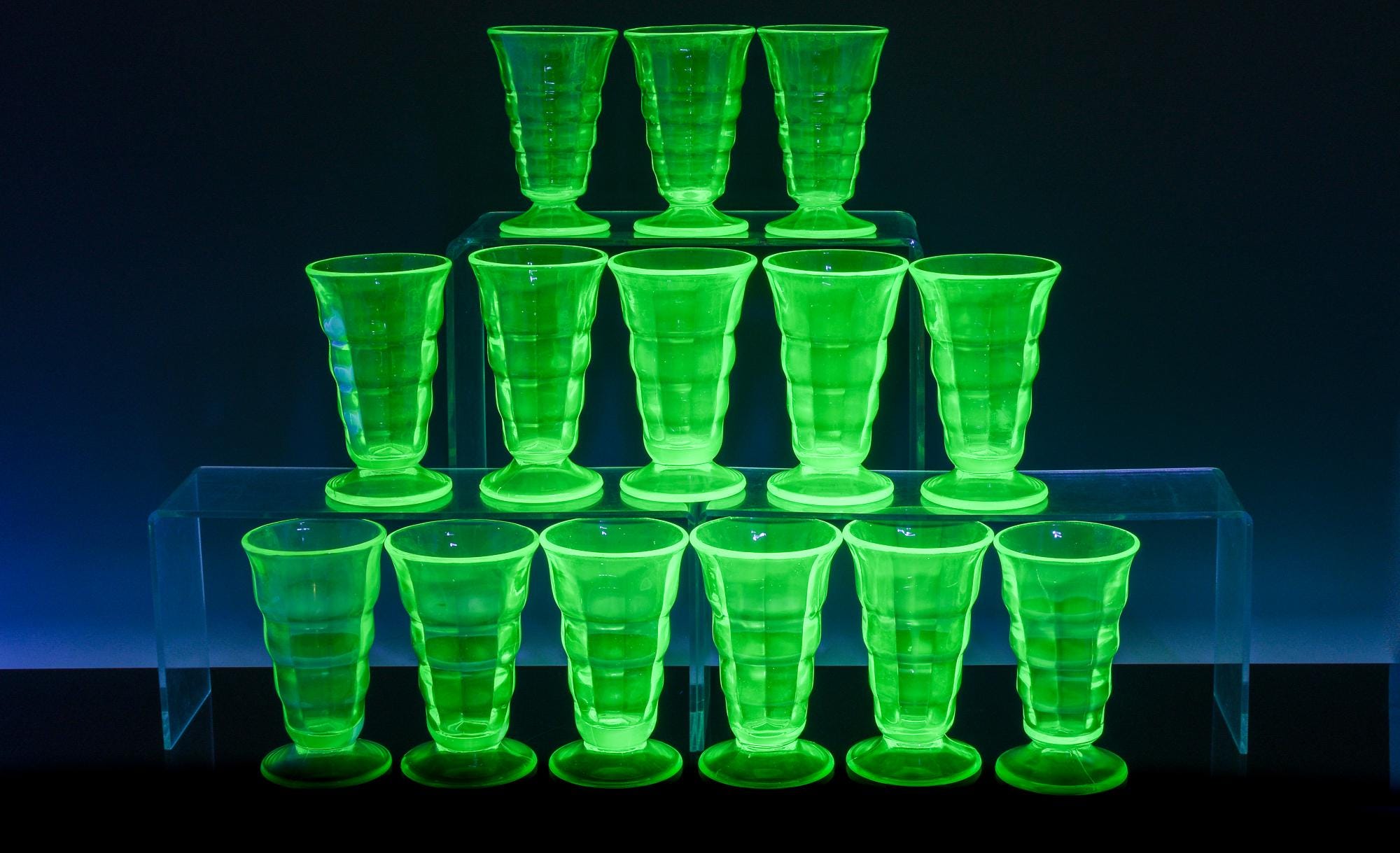 PRICED PER PIECE | Rare c1930s Green Vaseline Uranium Depression Glass Paden City Party Line Footed Soda Fountain Sundae Glasses Vases ~Glow