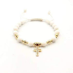 Bransoletka z litego złota 14K | Naturalny jadeit i złoty krzyż | Biżuteria na zamówienie dla kobiet i mężczyzn | Bransoletka z koralików i kamieni szlachetnych