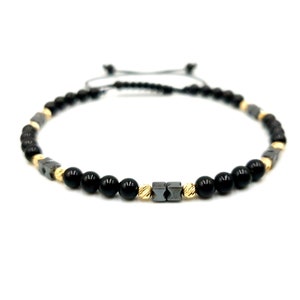 14k Yellow SOLID GOLD Bracelet/Beaded Bracelets/Gold and  Natural Stones Onyx ,Hematite Bracelet/Gift for Women&#39;s and Men&#39;s