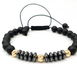 14k Gold Bracelet/Onyx and Hematite Natural Stones Bracelet/Pure Gold Jewelry/ Bracelets for Men&#39;s and Women&#39;s